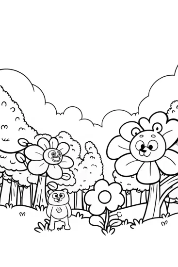 A coloring page of Care Bears in an Enchanted Garden Coloring Page