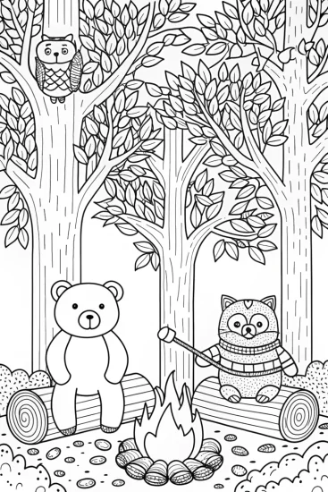 A coloring page of Autumn’s Cozy Campfire Coloring Page