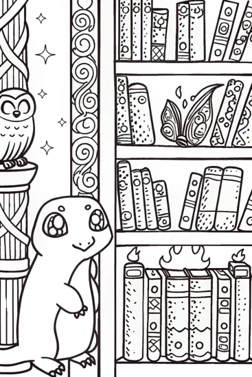 A coloring page of Charmander’s Magical Library Adventure Coloring Page
