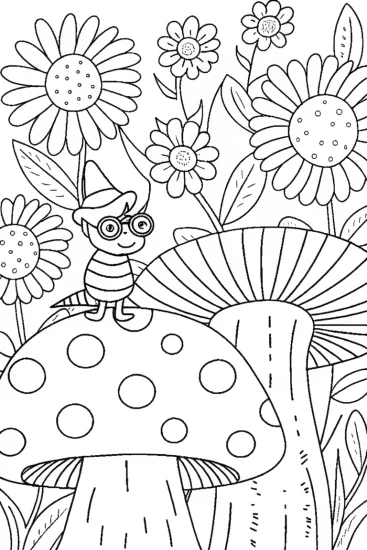 A coloring page of The Enchanted Garden of the Caterpillar Coloring Page