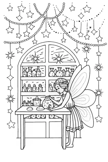 A coloring page of The Fairy Workshop Coloring Page