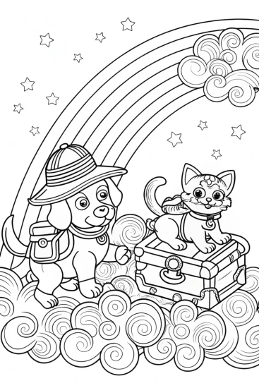 A coloring page of Rainbow Explorers: Puppy and Kitten Coloring Page