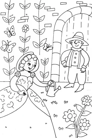 A coloring page of Princess and the Gardener’s Secret Coloring Page