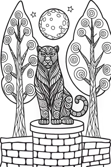 A coloring page of Black Panther and the Enchanted Moonlit Ceremony