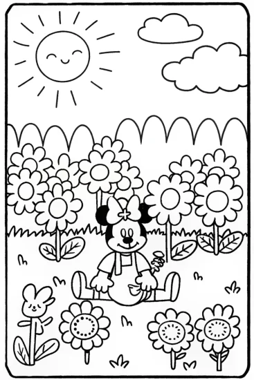 A coloring page of Mickey Mouse’s Friendship Garden Coloring Page