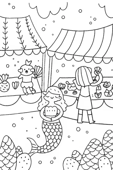 A coloring page of Mystical Mermaid Market Coloring Page