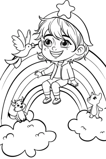 A coloring page of Rainbow Cloud Adventure Coloring Page