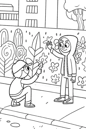 A coloring page of Miles Morales and Friends in Urban Art