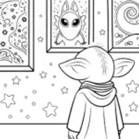 Baby Yoda’s Cosmic Art Gallery Coloring Page