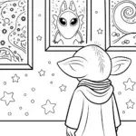 Baby Yoda’s Cosmic Art Gallery Coloring Page