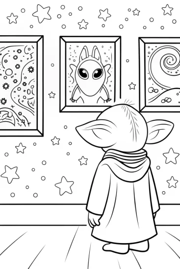 A coloring page of Baby Yoda’s Cosmic Art Gallery Coloring Page