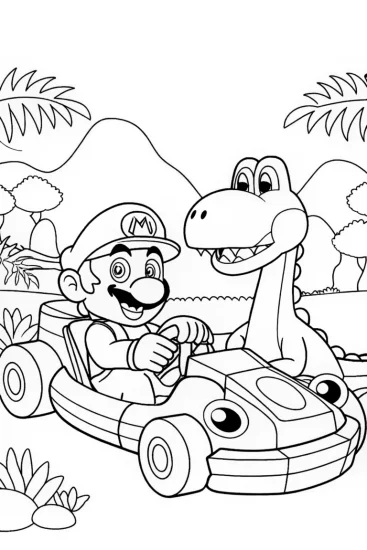 A coloring page of Mario and Yoshi Dino Kart Adventure Coloring Page