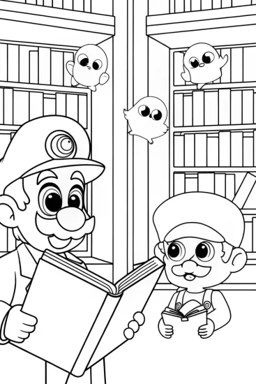 A coloring page of Mario and Luigi’s Enchanted Library Coloring Page