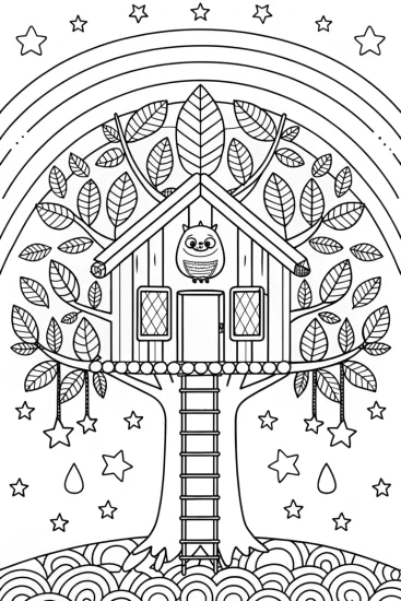 A coloring page of Rainbow Dreams Treehouse Coloring Page