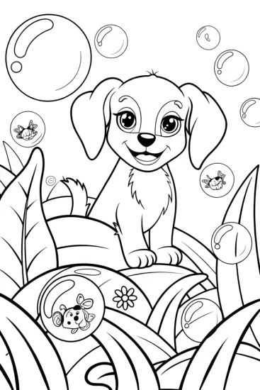 A coloring page of Puppy Explorer in a Bubble Forest Coloring Page