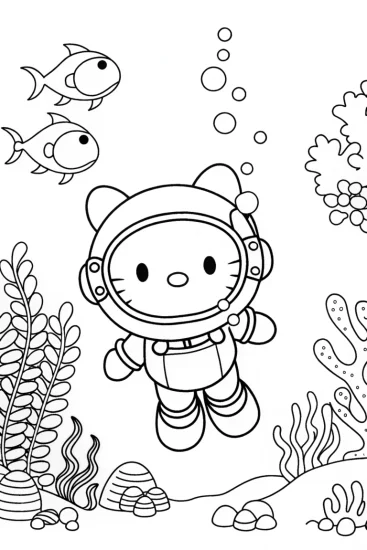 A coloring page of Hello Kitty’s Fantastic Underwater Adventure Coloring Page