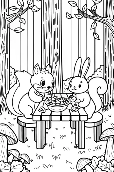 A coloring page of Squirrel and Rabbit Fall Feast Coloring Page
