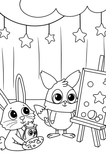 A coloring page of Rainbow Friends in a Dreamy Workshop Coloring Page