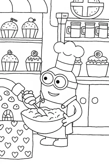 A coloring page of Minion’s Magical Bakery Adventure Coloring Page