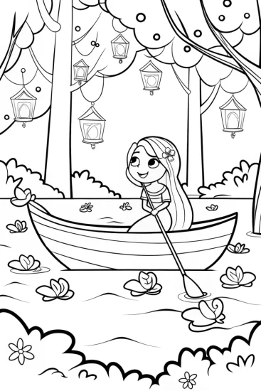 A coloring page of The Princess and Her Magical Petal Boat Coloring Page