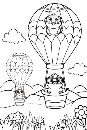 A coloring page of Chickens on a Hot Air Balloon Adventure Coloring Page
