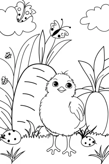 A coloring page of Chick’s whimsical garden journey