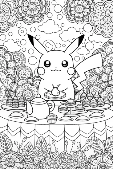 A coloring page of Pikachu’s Enchanted Garden Feast Coloring Page
