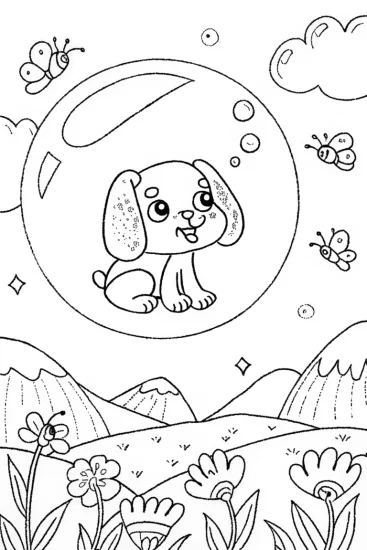 A coloring page of Puppy in a Bubble Adventure Coloring Page