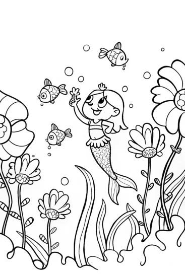 A coloring page of Mermaid’s Magical Garden of Wishes Coloring Page