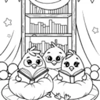 Chickens in a Cozy Book Nook Coloring Page