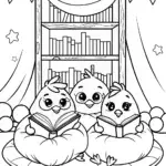 Chickens in a Cozy Book Nook Coloring Page