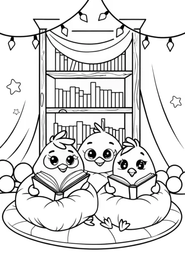 A coloring page of Chickens in a Cozy Book Nook Coloring Page