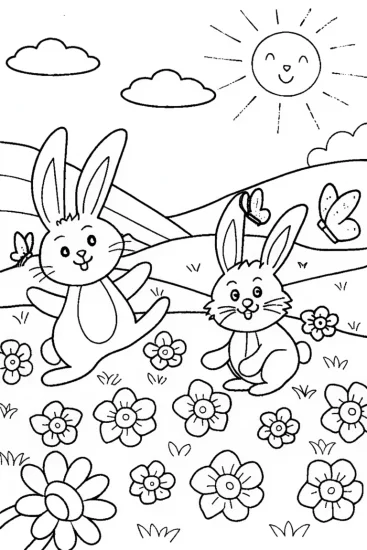 A coloring page of Bouncy Bunnies in the Meadow Coloring Page
