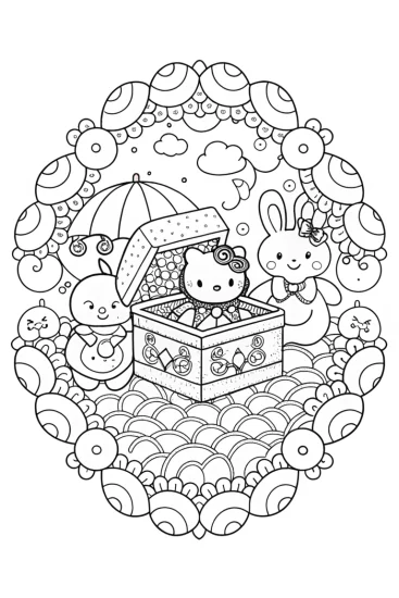 A coloring page of Hello Kitty’s Enchanted Music Box Coloring Page