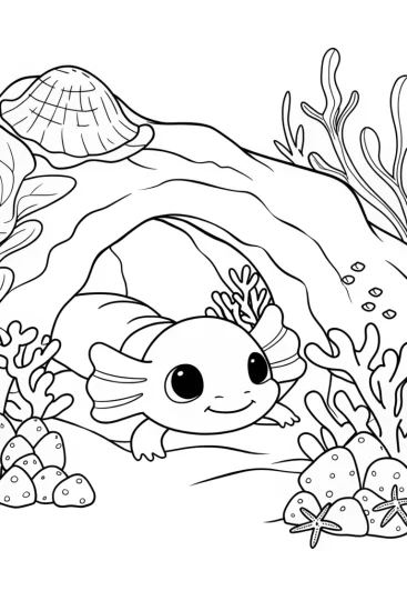 A coloring page of Axolotl’s Cozy Cave Retreat Coloring Page