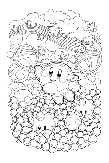 A coloring page of Kirby’s Celestial Bubble Adventure Coloring Page