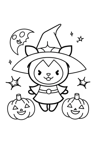 A coloring page of Kuromi’s Spooky Halloween Adventure Coloring Page