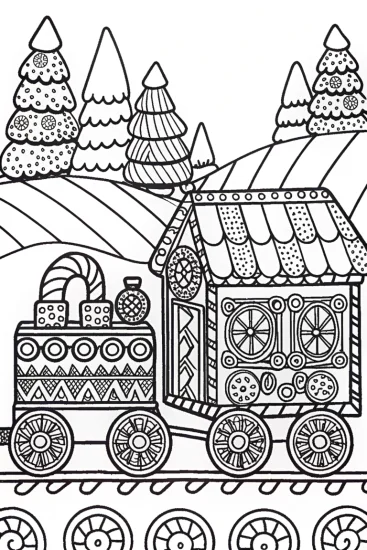 A coloring page of Gingerbread House on a Candy Train Coloring Page