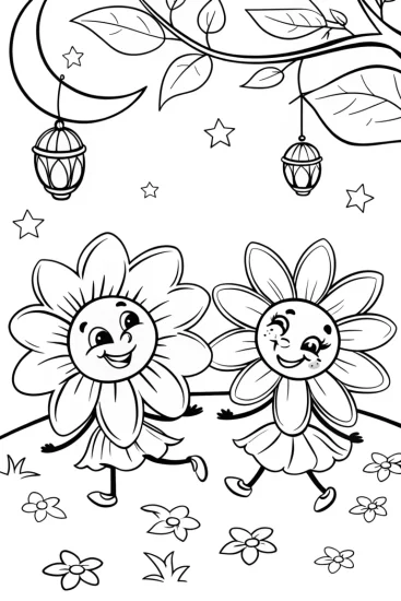A coloring page of Flower Friends at a Moonlit Garden Coloring Page