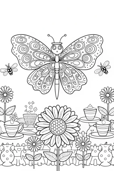 A coloring page of Butterfly Tea Garden Coloring Page