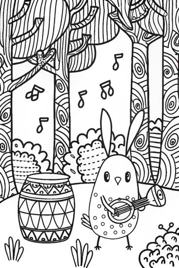 A coloring page of Chick’s joyful melody in the forest