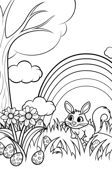 A coloring page of Easter Egg Hunt Under the Rainbow Coloring Page