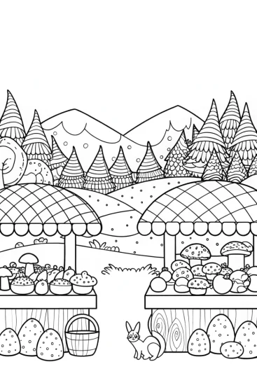 A coloring page of Mushroom Market Day Coloring Page