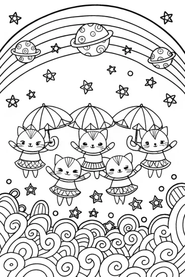 A coloring page of Celestial Cat Parade Coloring Page