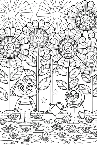 A coloring page of Bluey and Bingo’s Gardening Adventure Coloring Page