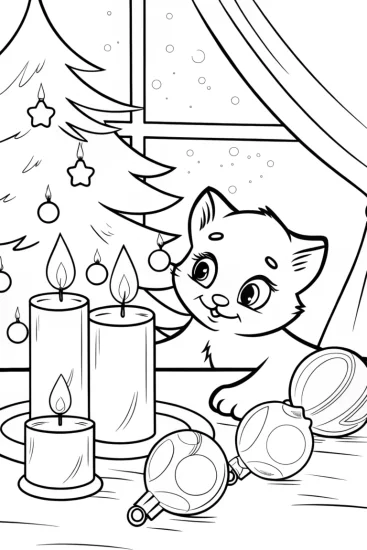 A coloring page of Playful Kitten Christmas Coloring Page