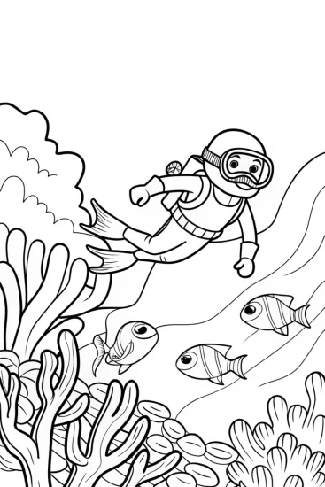 A coloring page of Ninja diving into an underwater realm