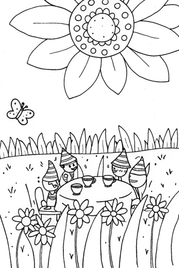 A coloring page of Whimsical Flower Tea Party Coloring Page
