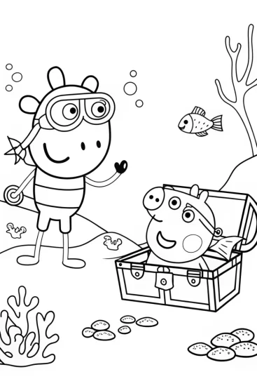 A coloring page of Peppa Pig’s Underwater Treasure Hunt Coloring Page