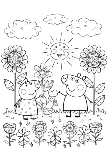A coloring page of Peppa Pig’s Enchanted Garden Adventure Coloring Page
